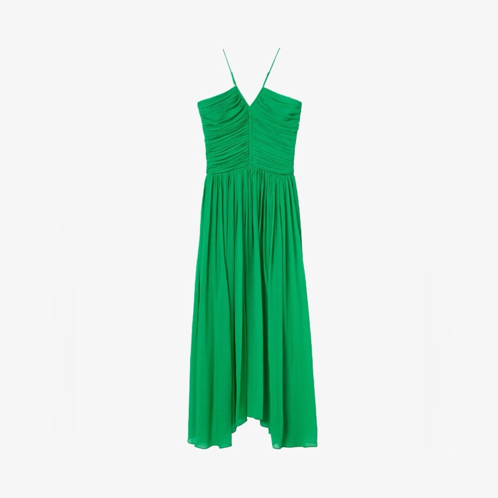 A.L.C. Rumi Dress in Green Crinkle 100% Silk Chiffon Smocked V-Neckline - Picture 4 of 9